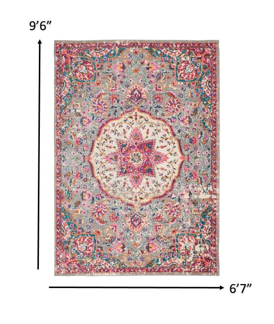 HomeRoots 7' x 10' Gray and Pink Medallion Area Rug