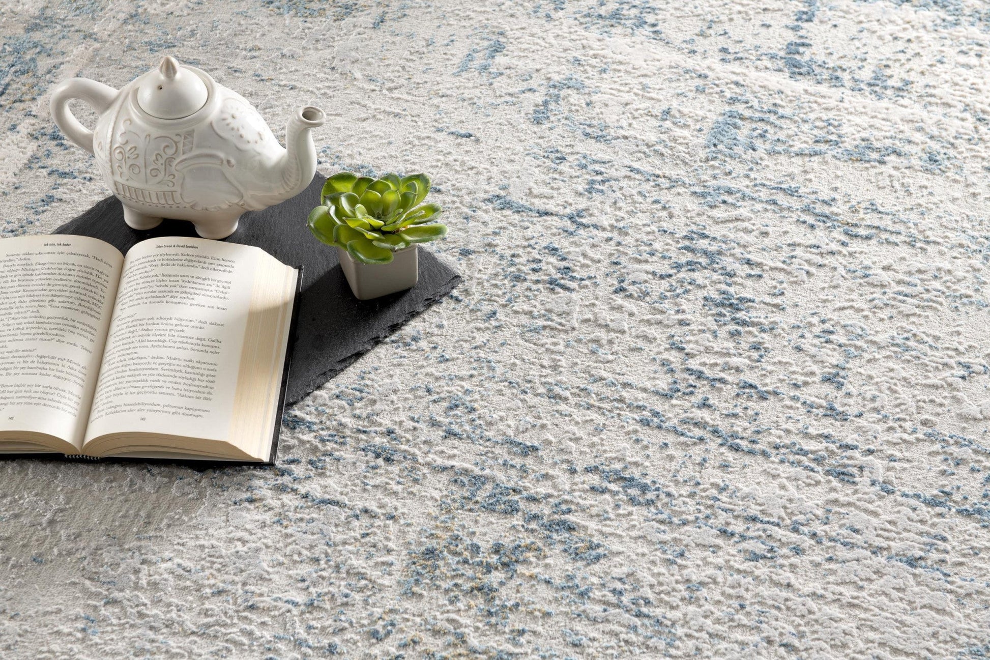HomeRoots 7' x 10' Ivory and Blue Abstract Distressed Area Rug