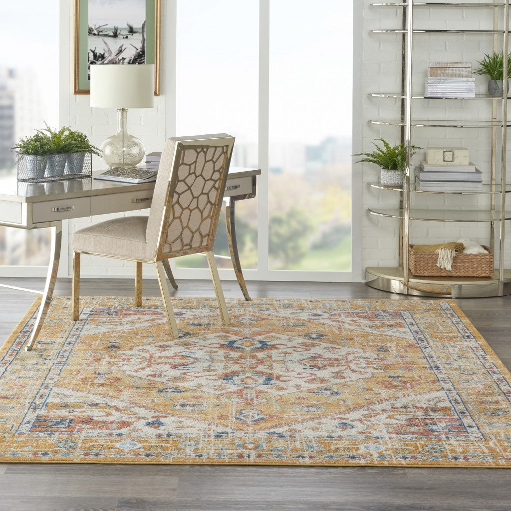 HomeRoots 7' x 10' Ivory and Yellow Center Medallion Area Rug