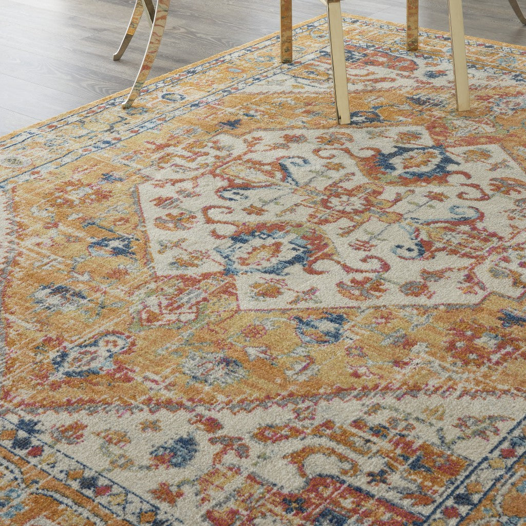 HomeRoots 7' x 10' Ivory and Yellow Center Medallion Area Rug