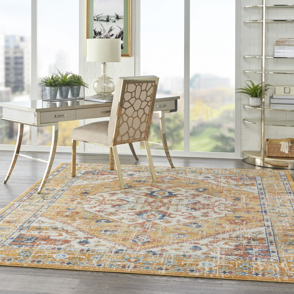 HomeRoots 7' x 10' Ivory and Yellow Center Medallion Area Rug