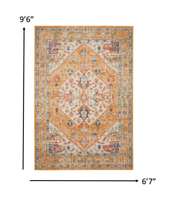 HomeRoots 7' x 10' Ivory and Yellow Center Medallion Area Rug