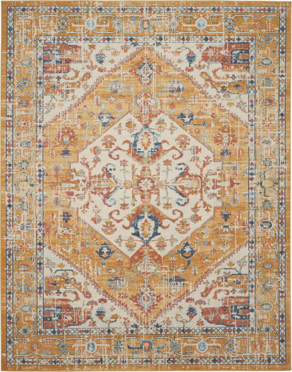 HomeRoots 7' x 10' Ivory and Yellow Center Medallion Area Rug