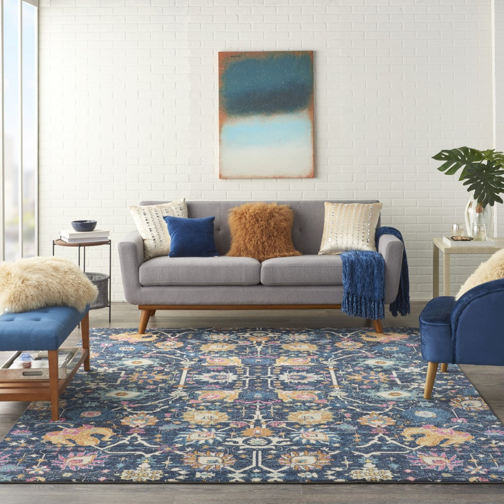 HomeRoots 7' x 10' Navy Blue Floral Buds Area Rug