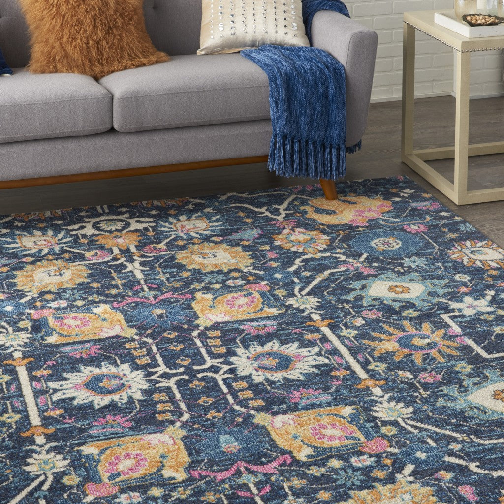 HomeRoots 7' x 10' Navy Blue Floral Buds Area Rug