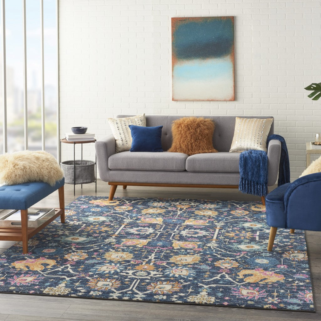 HomeRoots 7' x 10' Navy Blue Floral Buds Area Rug