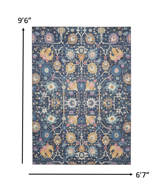 HomeRoots 7' x 10' Navy Blue Floral Buds Area Rug