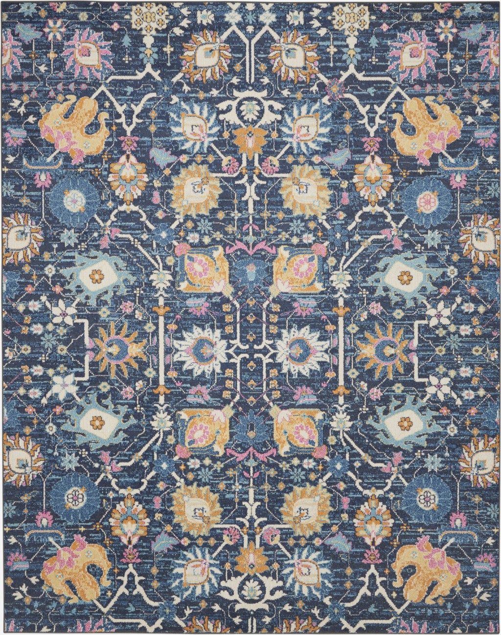 HomeRoots 7' x 10' Navy Blue Floral Buds Area Rug