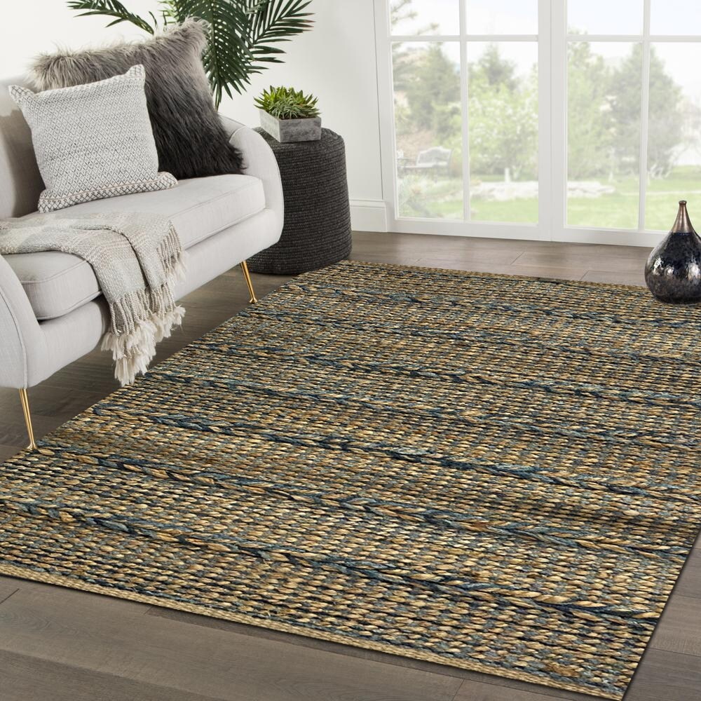 HomeRoots 7' x 9' Blue and Tan Braided Stripe Area Rug