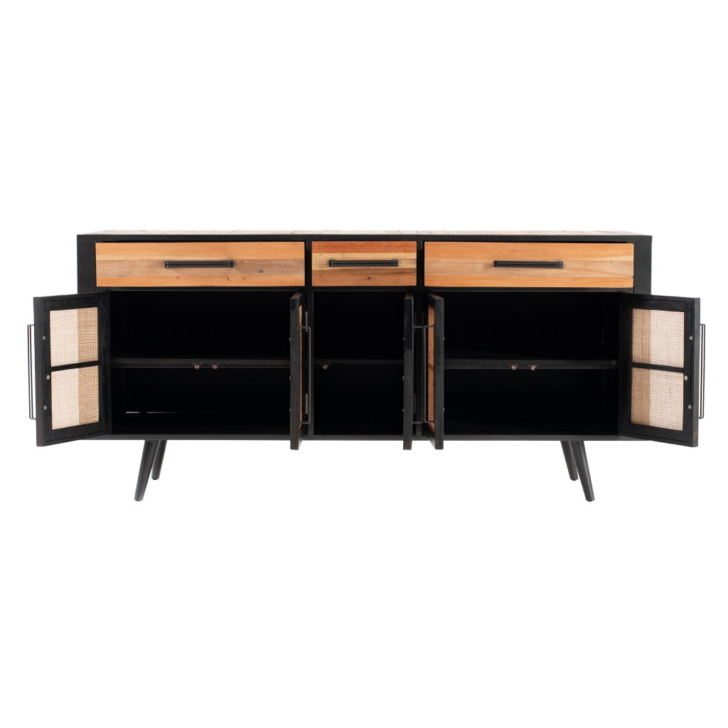 HomeRoots 71" Modern Natural And Rattan Buffet Server With Rustic Black Finish