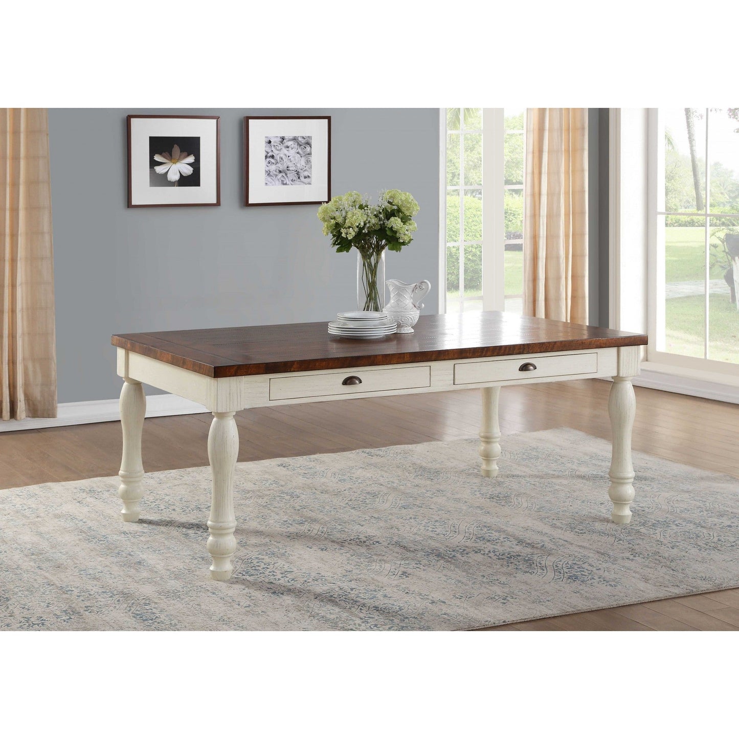 HomeRoots 72" x 42" x 30" Walnut And White Washed Solid Wood Dining Table