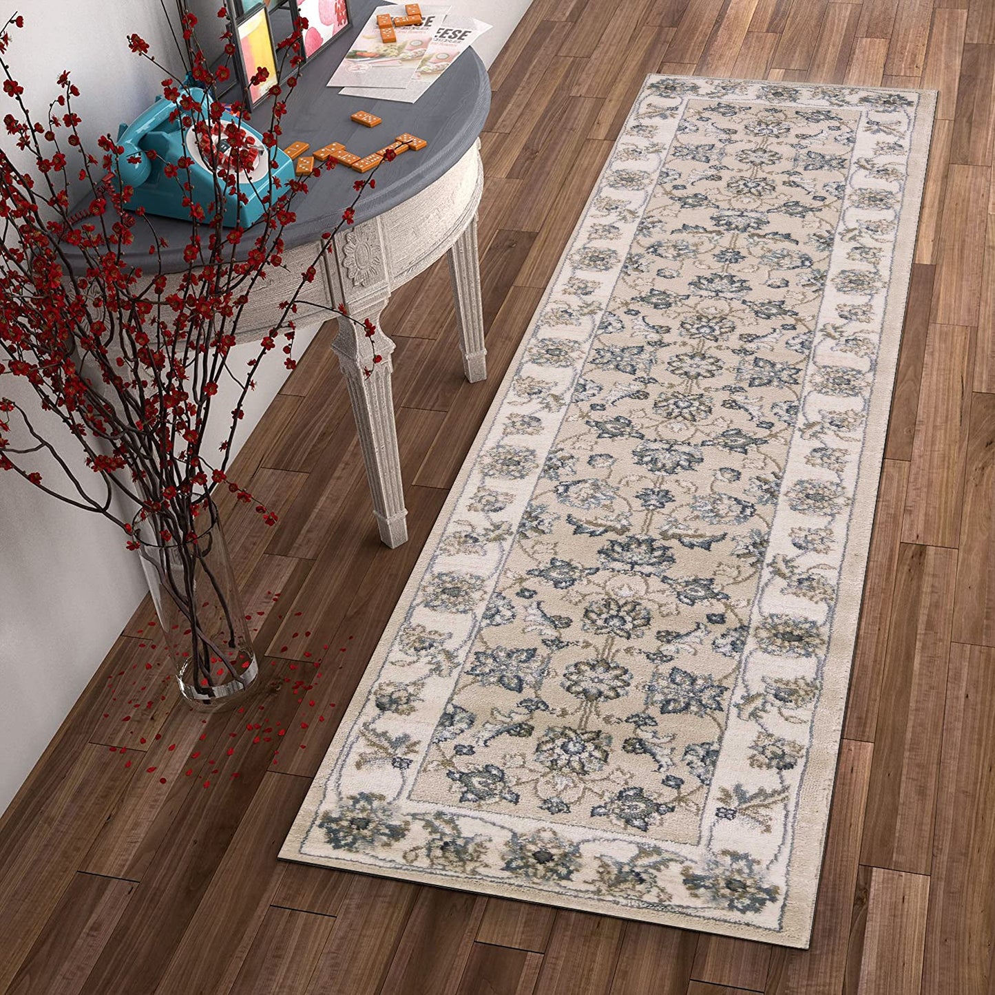 HomeRoots 8' Beige Ivory Bordered Floral Indoor Runner Rug