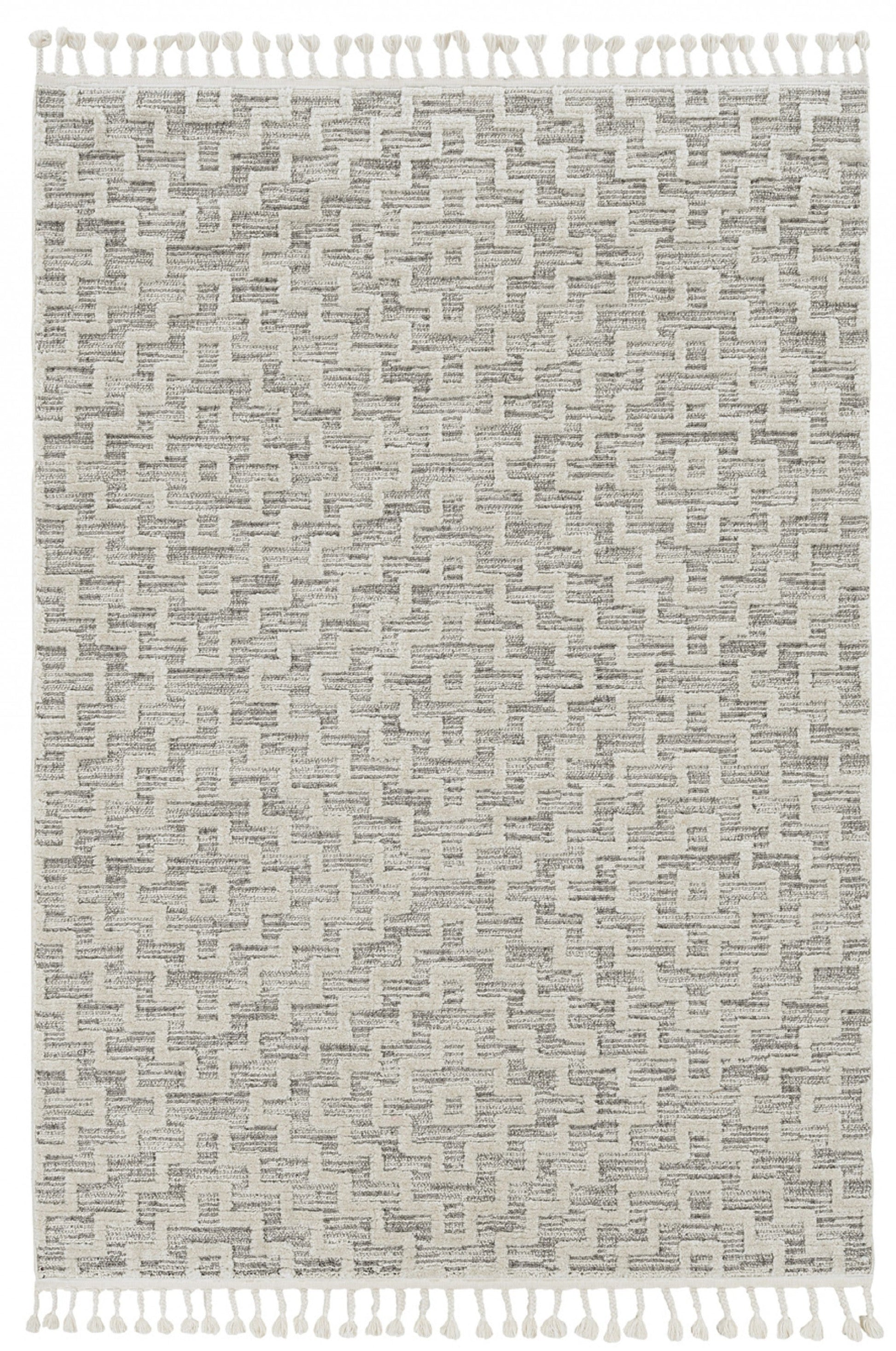 HomeRoots 8' Ivory Grey Machine Woven Geometric With Fringe Indoor Runner Rug