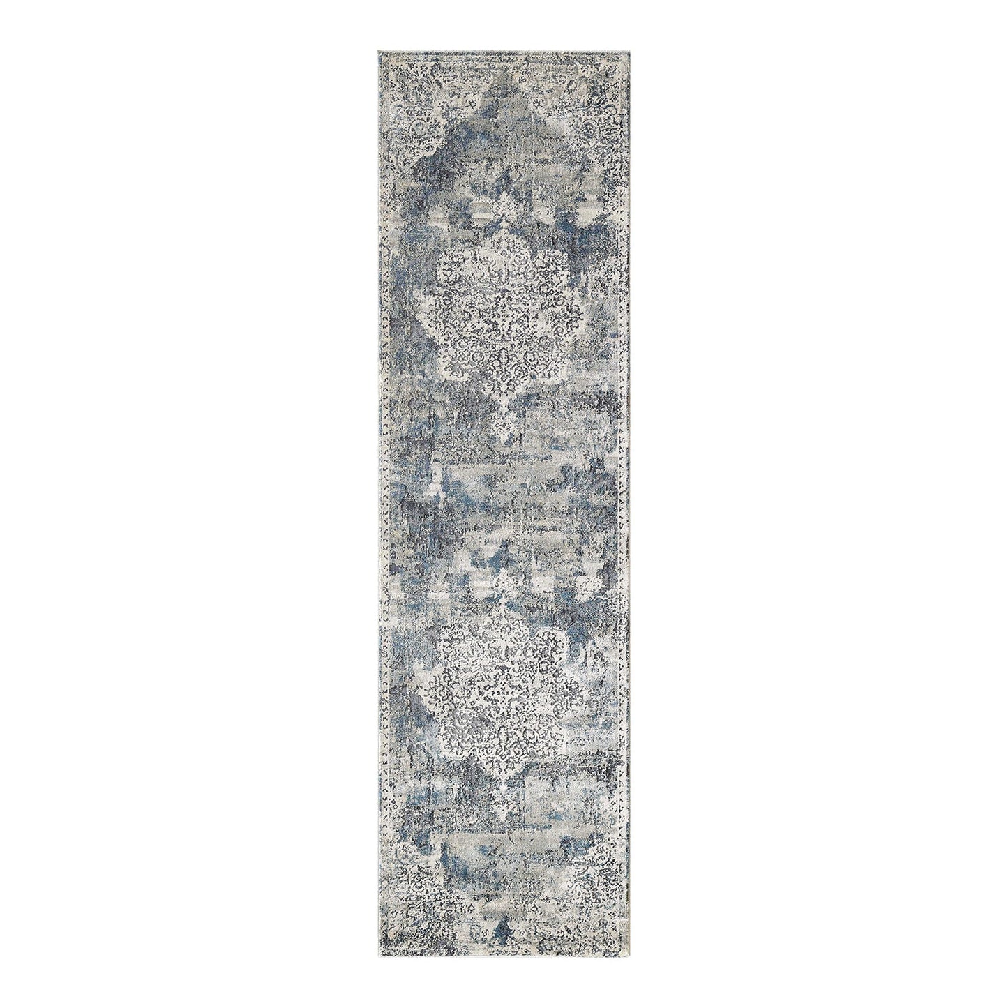 HomeRoots 8' Ivory Machine Woven Distressed Diamond Floral Medallion Indoor Runner Rug