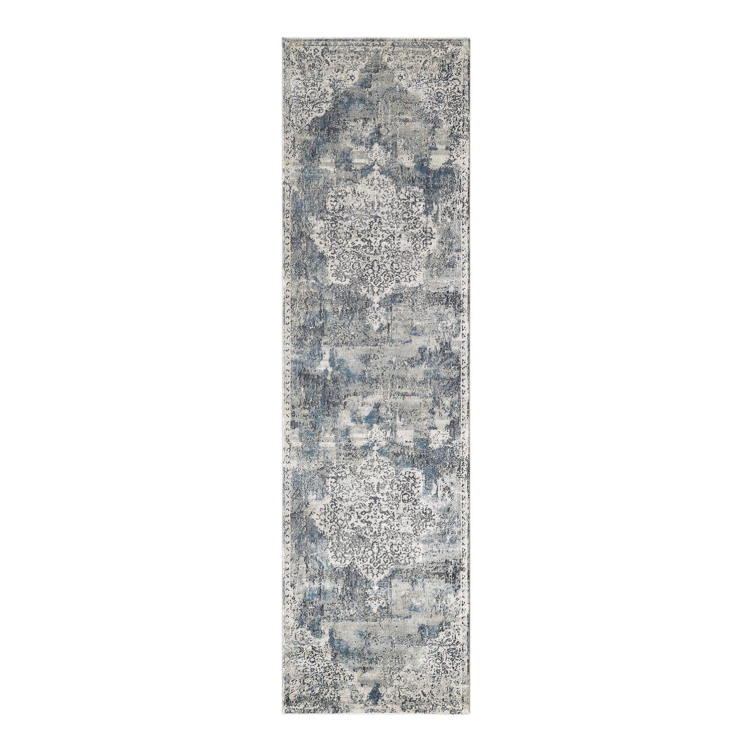 HomeRoots 8' Ivory Machine Woven Distressed Diamond Floral Medallion Indoor Runner Rug