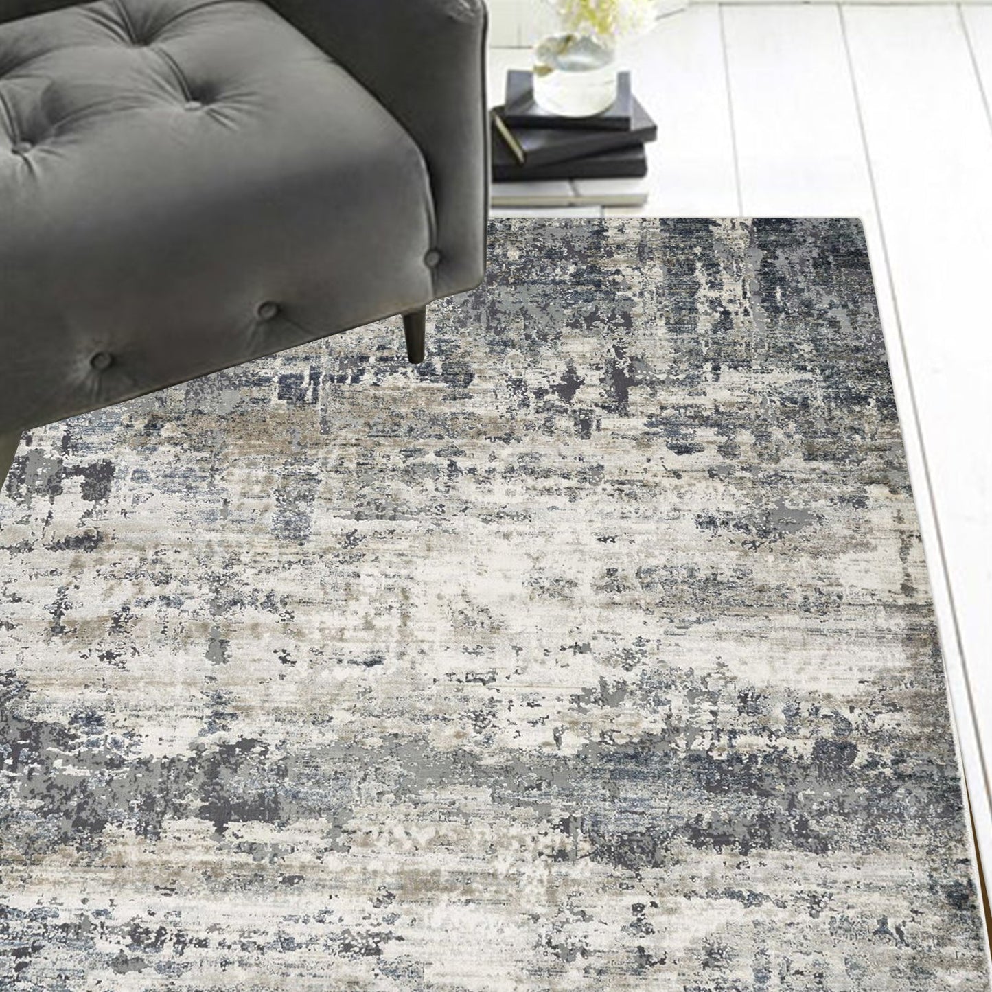 HomeRoots 8' Ivory Teal Machine Woven Abstract Splatter Indoor Runner Rug