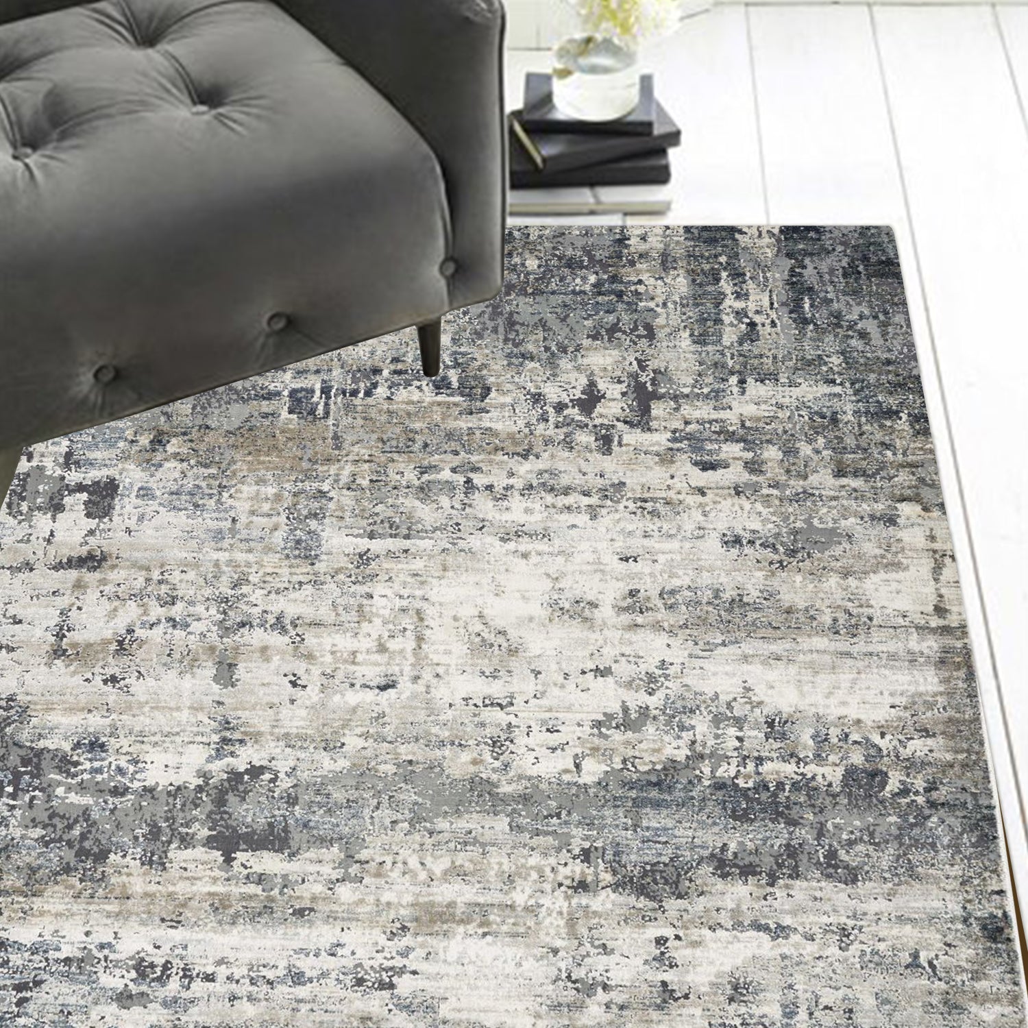 HomeRoots 8' Ivory Teal Machine Woven Abstract Splatter Indoor Runner Rug
