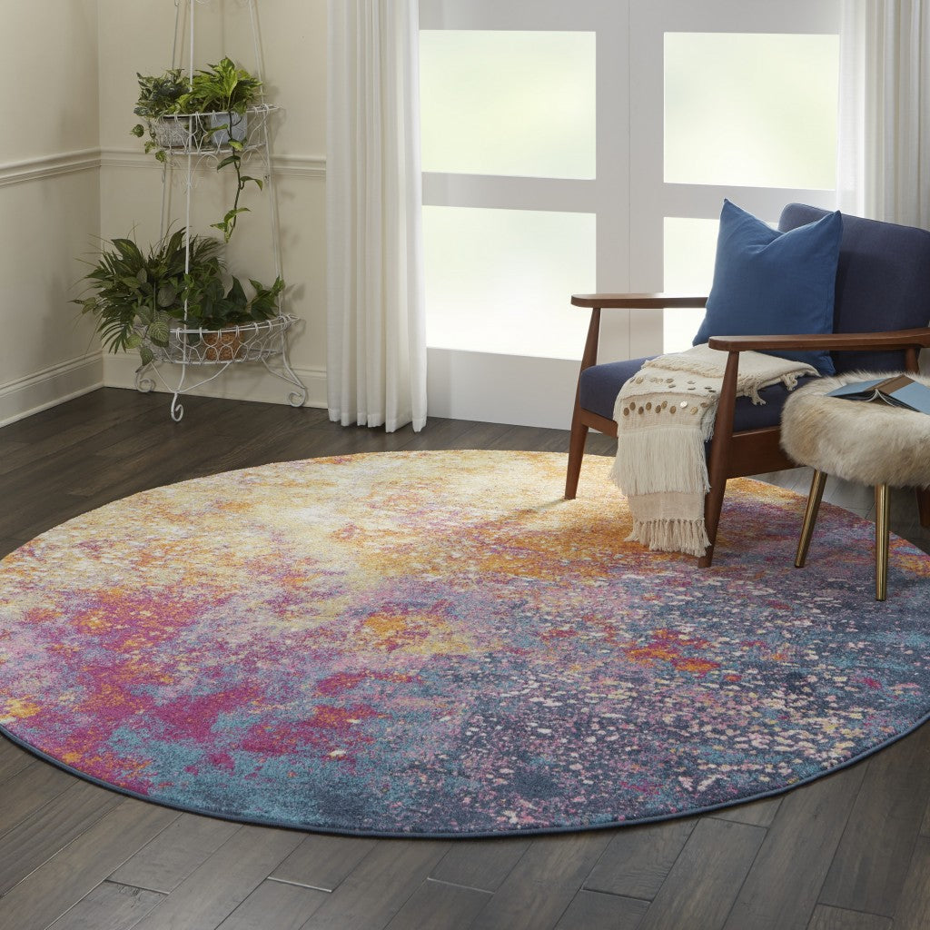 HomeRoots 8’ Round Abstract Brights Sunburst Area Rug
