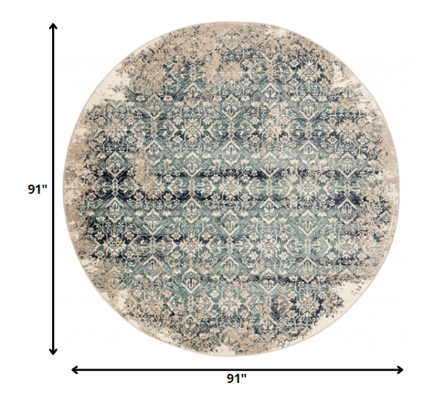 HomeRoots 8' Round Beige Blue Distressed Diamonds Area Rug