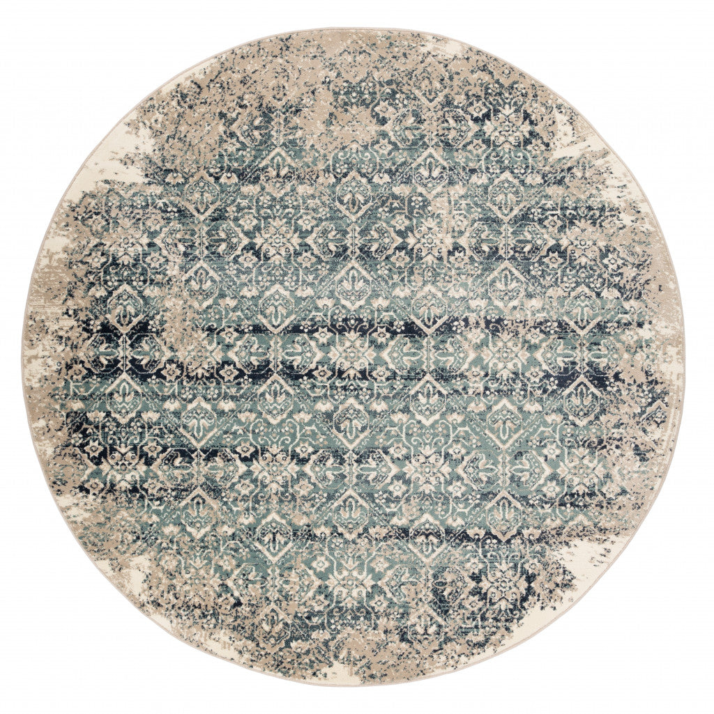 HomeRoots 8' Round Beige Blue Distressed Diamonds Area Rug