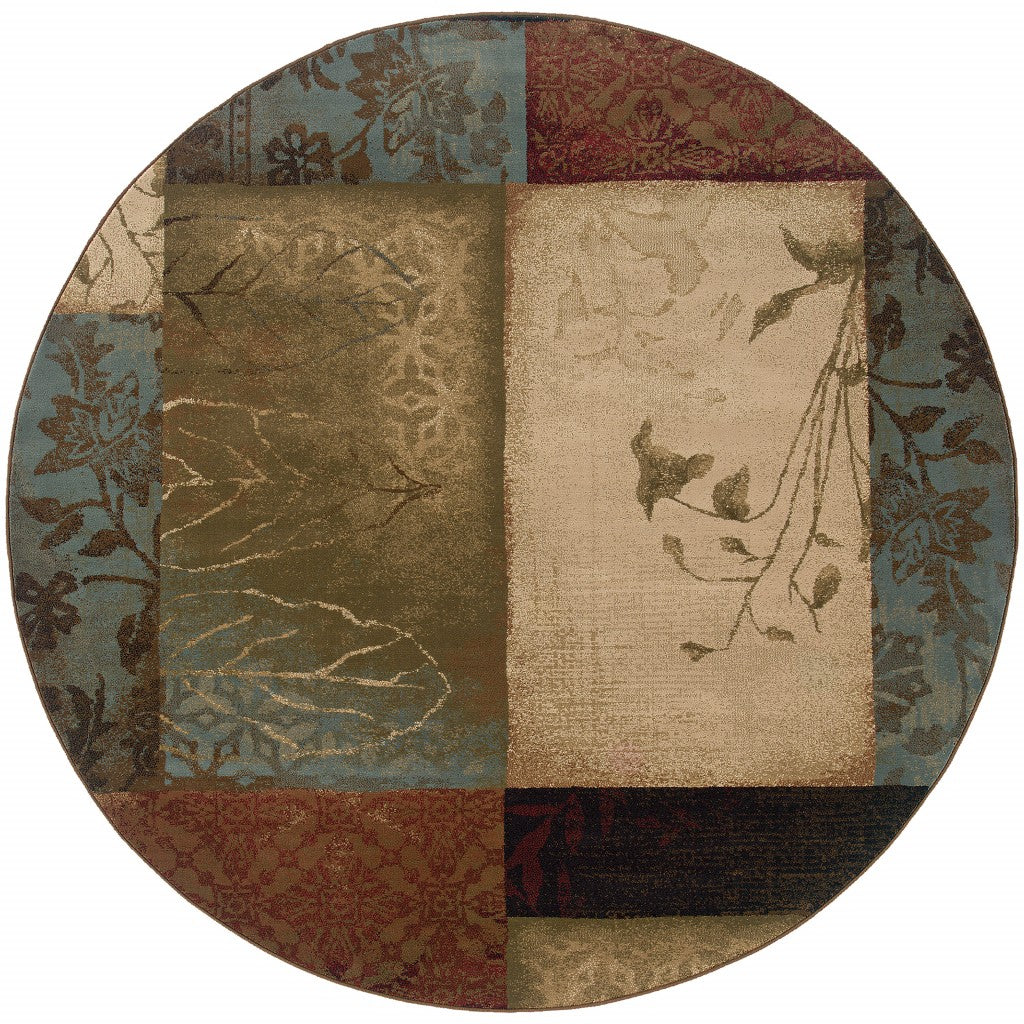 HomeRoots 8' Round Beige and Brown Floral Block Pattern Area Rug
