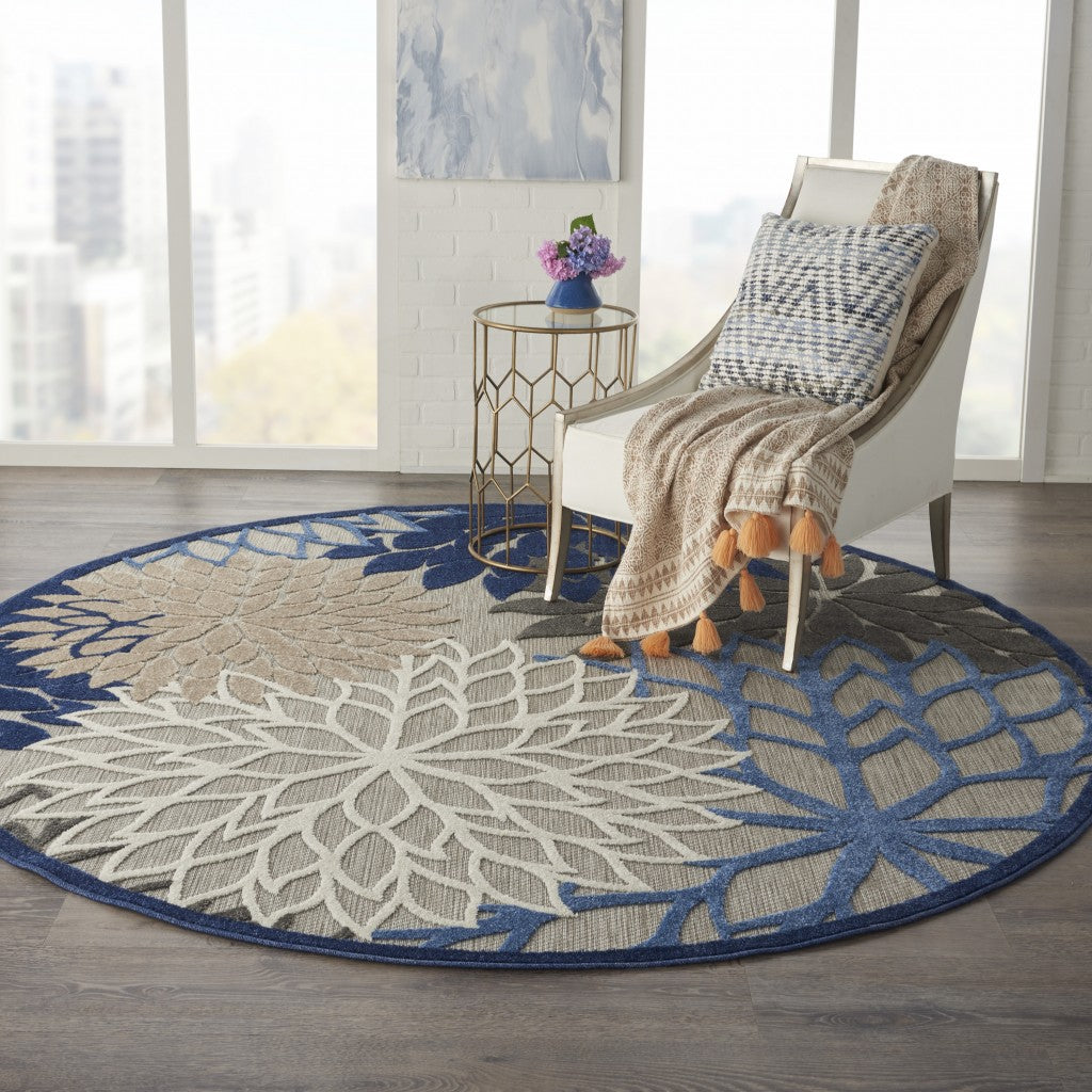 HomeRoots 8’ Round Blue Large Floral Indoor Outdoor Area Rug