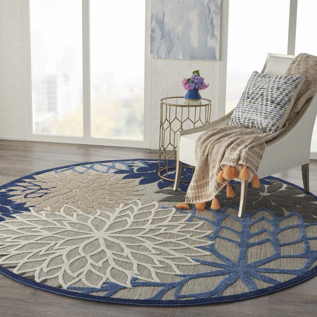 HomeRoots 8’ Round Blue Large Floral Indoor Outdoor Area Rug