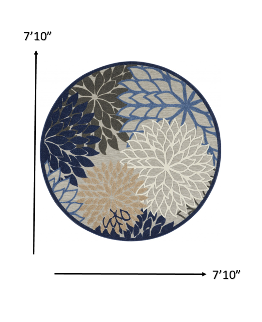 HomeRoots 8’ Round Blue Large Floral Indoor Outdoor Area Rug