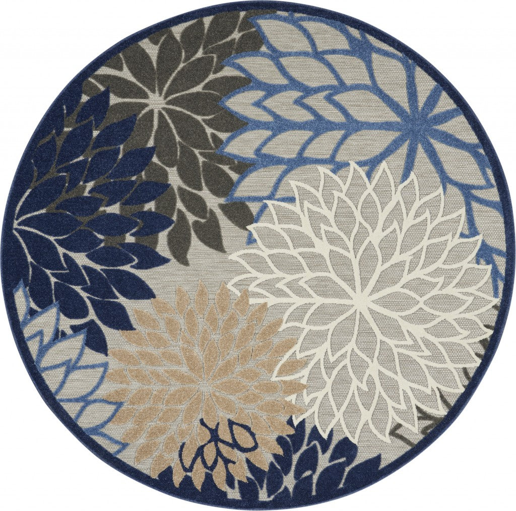 HomeRoots 8’ Round Blue Large Floral Indoor Outdoor Area Rug