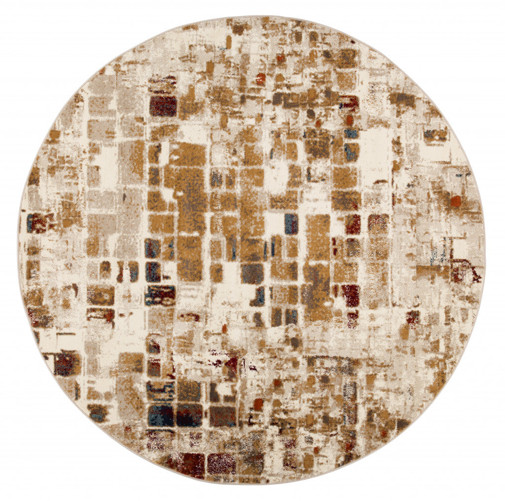 HomeRoots 8’ Round Brown Beige Abstract Tiles Distressed Area Rug