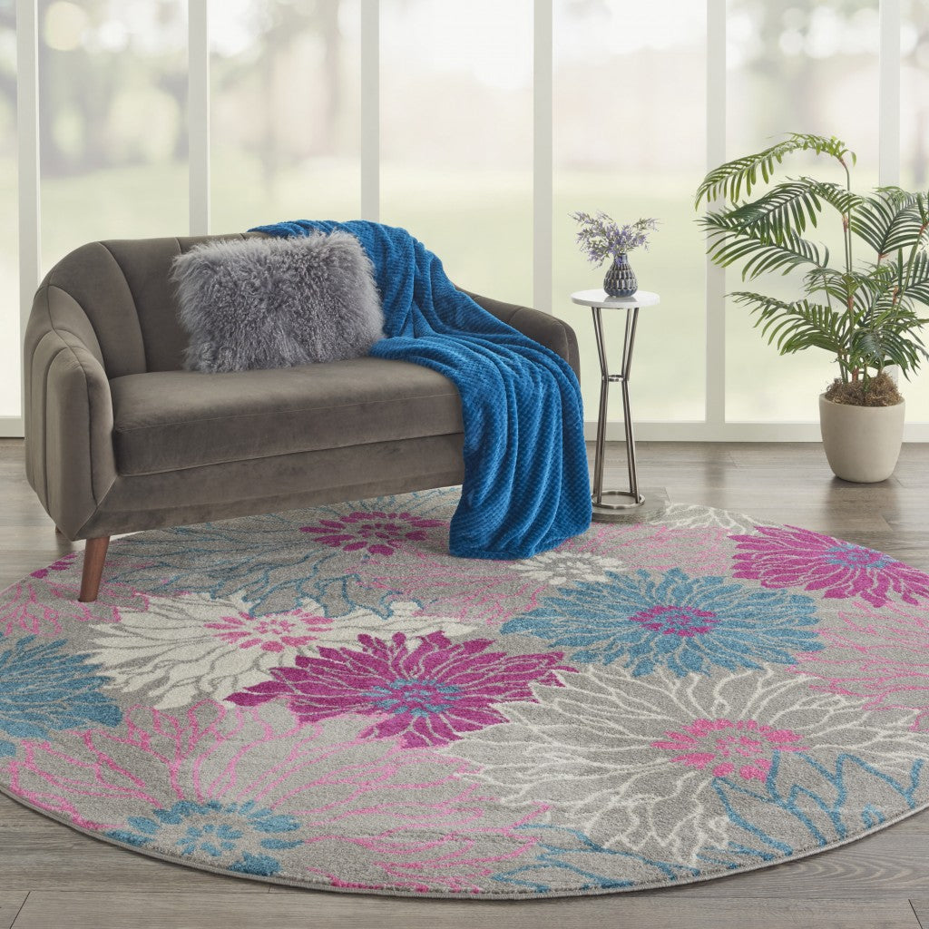 HomeRoots 8' Round Gray and Pink Tropical Flower Area Rug