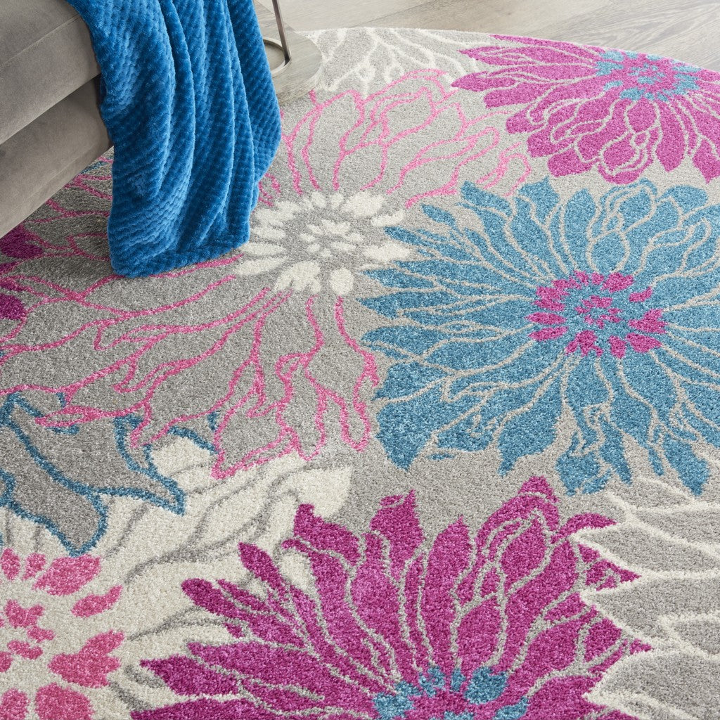 HomeRoots 8' Round Gray and Pink Tropical Flower Area Rug