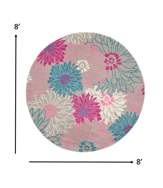 HomeRoots 8' Round Gray and Pink Tropical Flower Area Rug