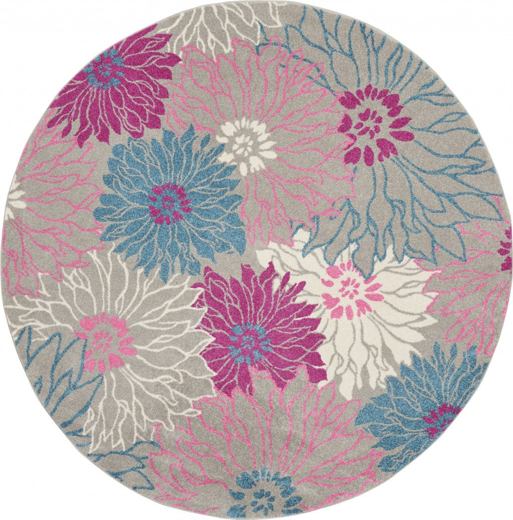 HomeRoots 8' Round Gray and Pink Tropical Flower Area Rug