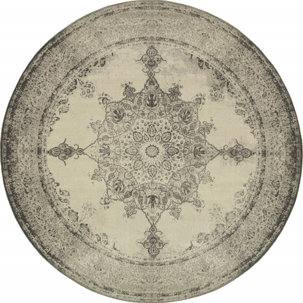 HomeRoots 8’ Round Ivory and Gray Pale Medallion Area Rug