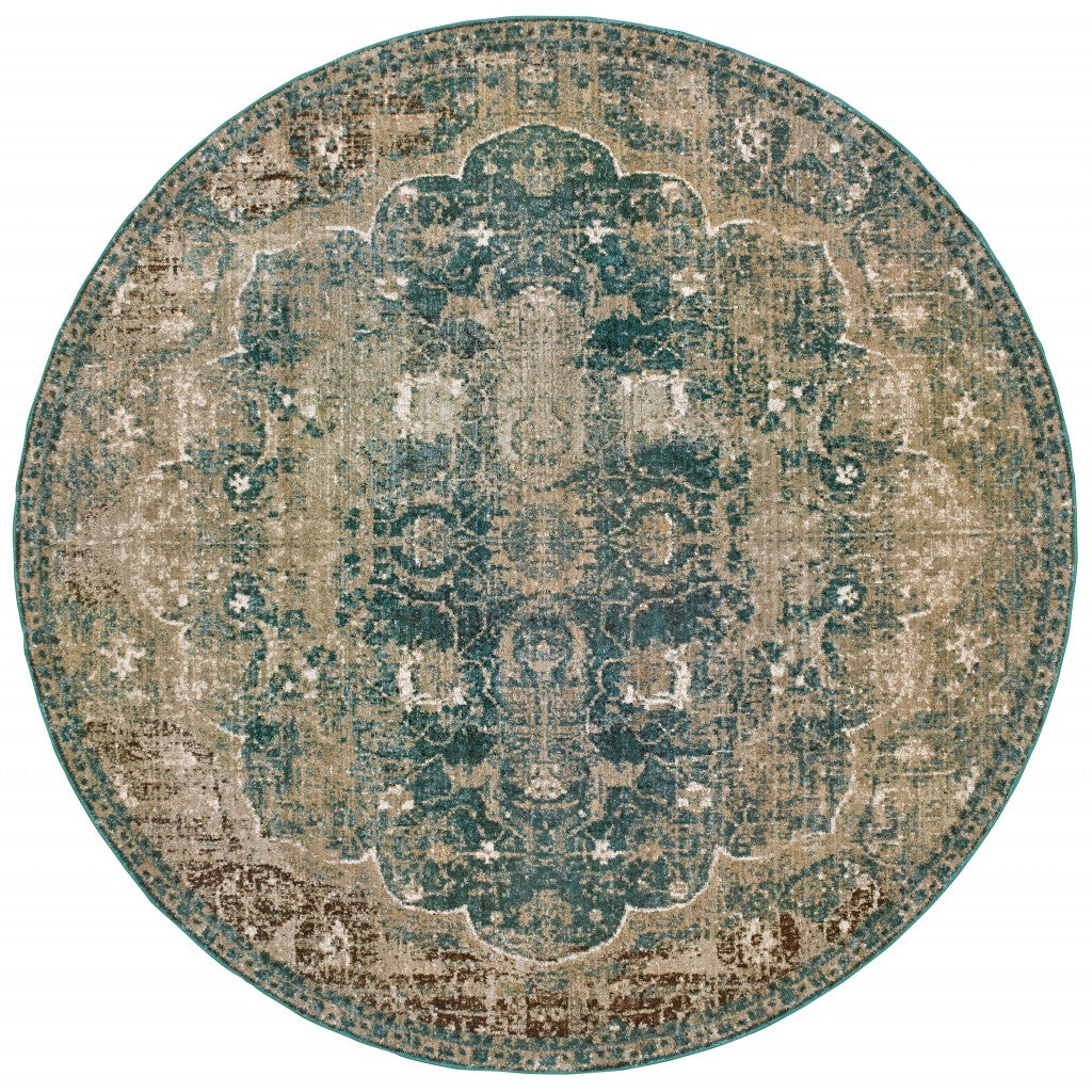 HomeRoots 8' Round Sand and Blue Distressed Indoor Area Rug