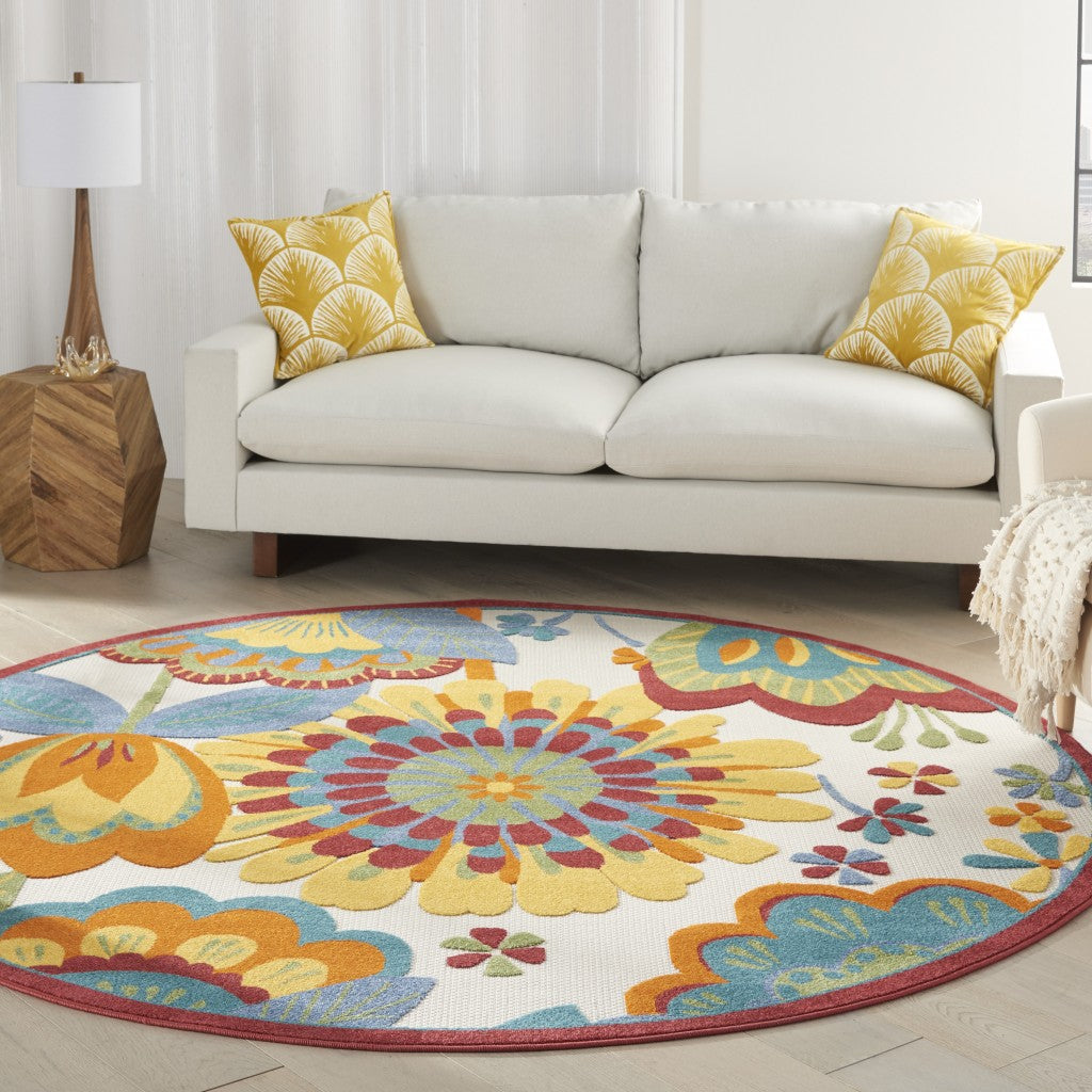 HomeRoots 8' Round Yellow and Ivory Indoor Outdoor Area Rug