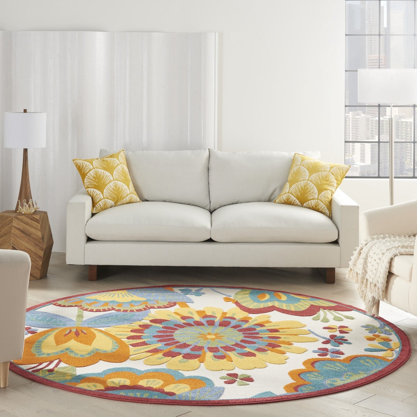 HomeRoots 8' Round Yellow and Ivory Indoor Outdoor Area Rug