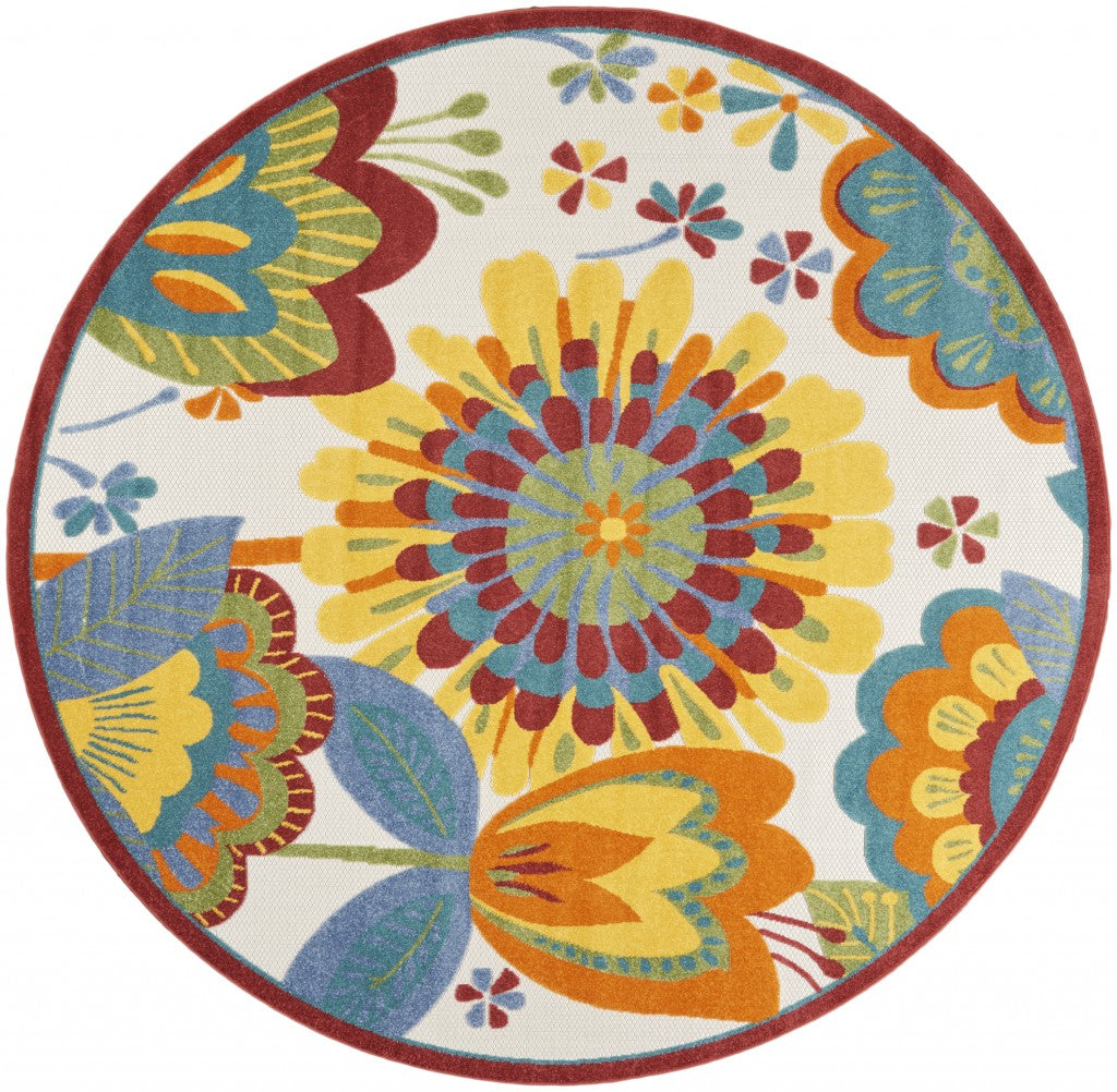HomeRoots 8' Round Yellow and Ivory Indoor Outdoor Area Rug