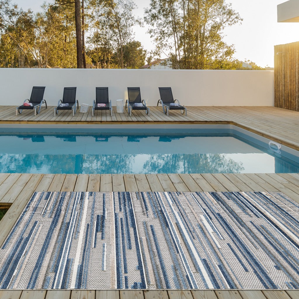 HomeRoots 8' x 10' Blue Abstract Striped Indoor Outdoor Area Rug