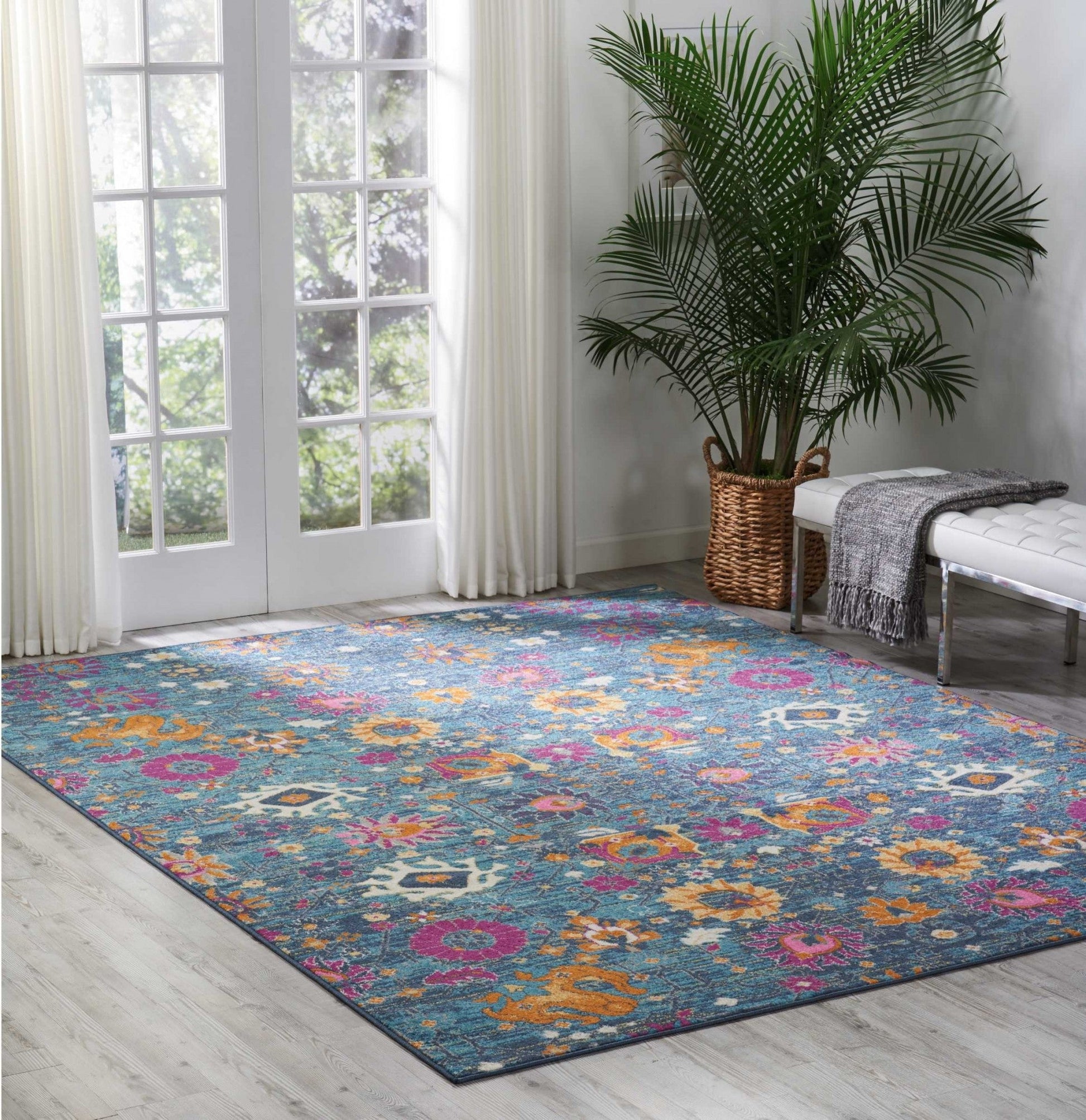 HomeRoots 8’ x 10’ Denim Blue Florals Distressed Area Rug
