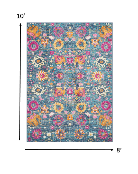HomeRoots 8’ x 10’ Denim Blue Florals Distressed Area Rug