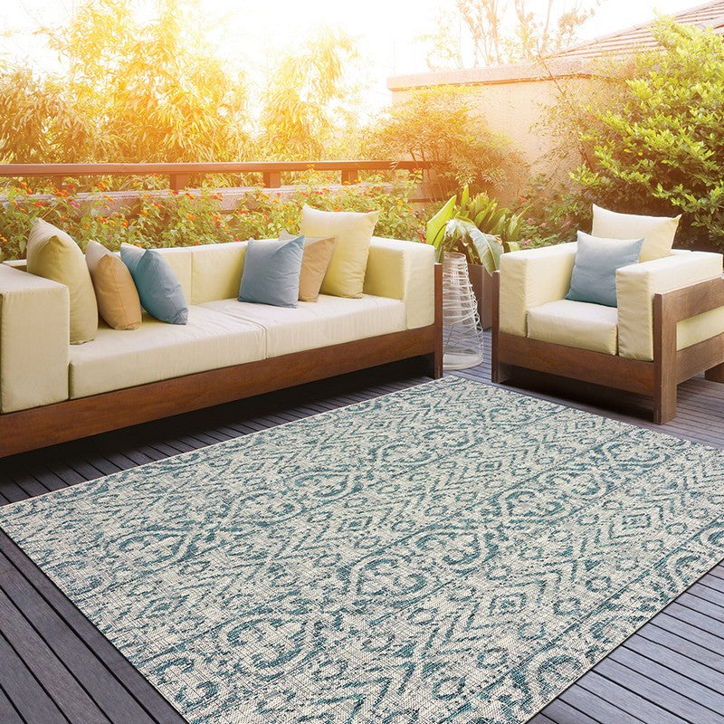 HomeRoots 8’ x 10’ Geometric Indoor Outdoor Area Rug in Blue Finiah