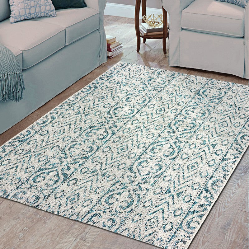 HomeRoots 8’ x 10’ Geometric Indoor Outdoor Area Rug in Blue Finiah