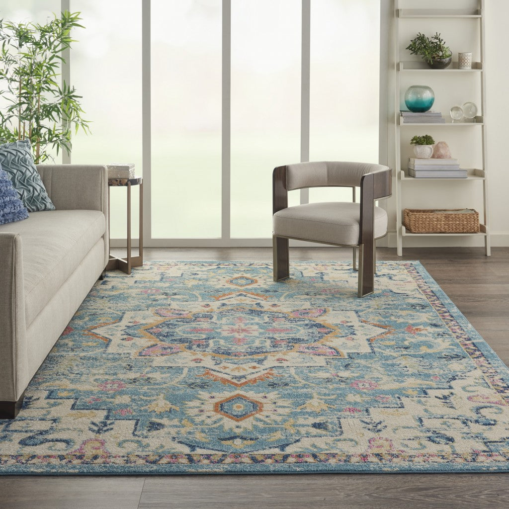 HomeRoots 8’ x 10’ Light Blue and Ivory Distressed Area Rug