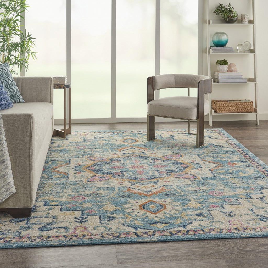 HomeRoots 8’ x 10’ Light Blue and Ivory Distressed Area Rug