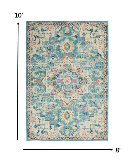 HomeRoots 8’ x 10’ Light Blue and Ivory Distressed Area Rug