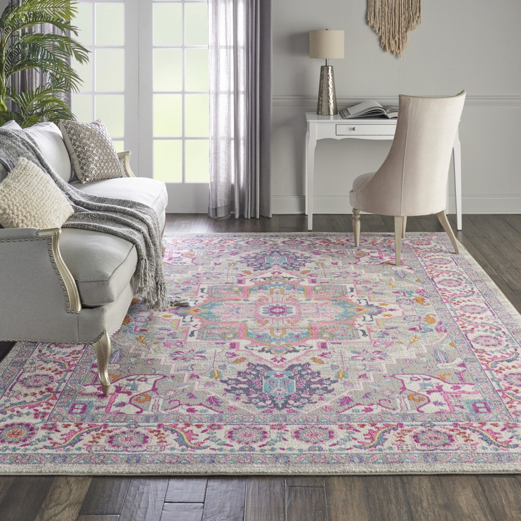 HomeRoots 8' x 10' Light Gray and Pink Medallion Area Rug