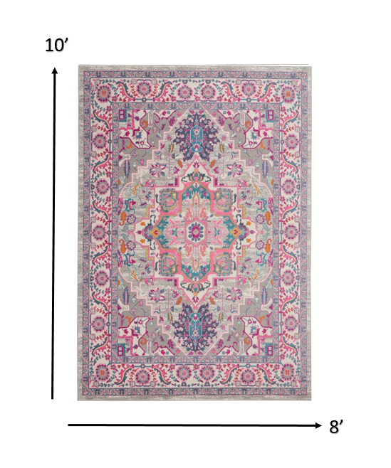 HomeRoots 8' x 10' Light Gray and Pink Medallion Area Rug