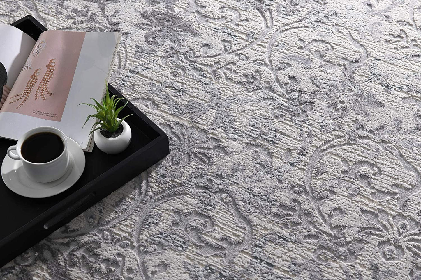 HomeRoots 8' x 11' Cream and Gray Faded Filigree Area Rug